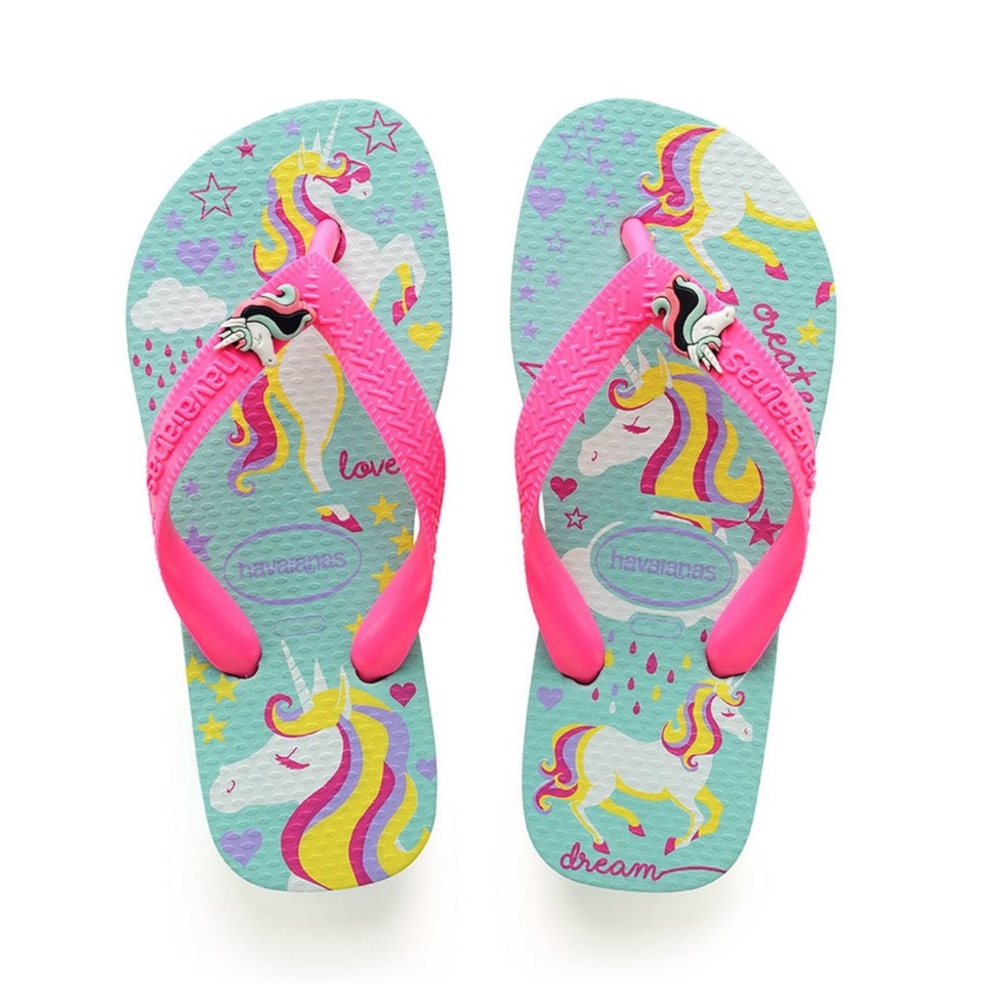 Havaianas Ice Blue & Shocking Pink Unicorn Fantasy Flip-Flop Youth Girl 3/4 READ